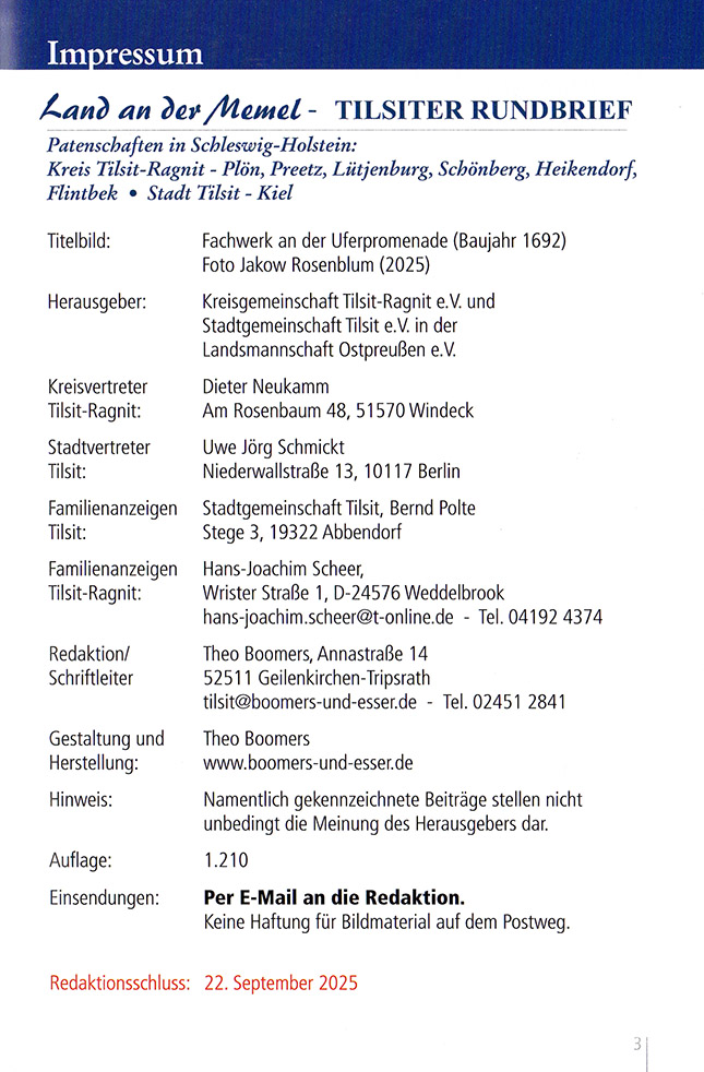 Land an der Memel - Tilsiter Rundbrief Nr. 116 - Impressum